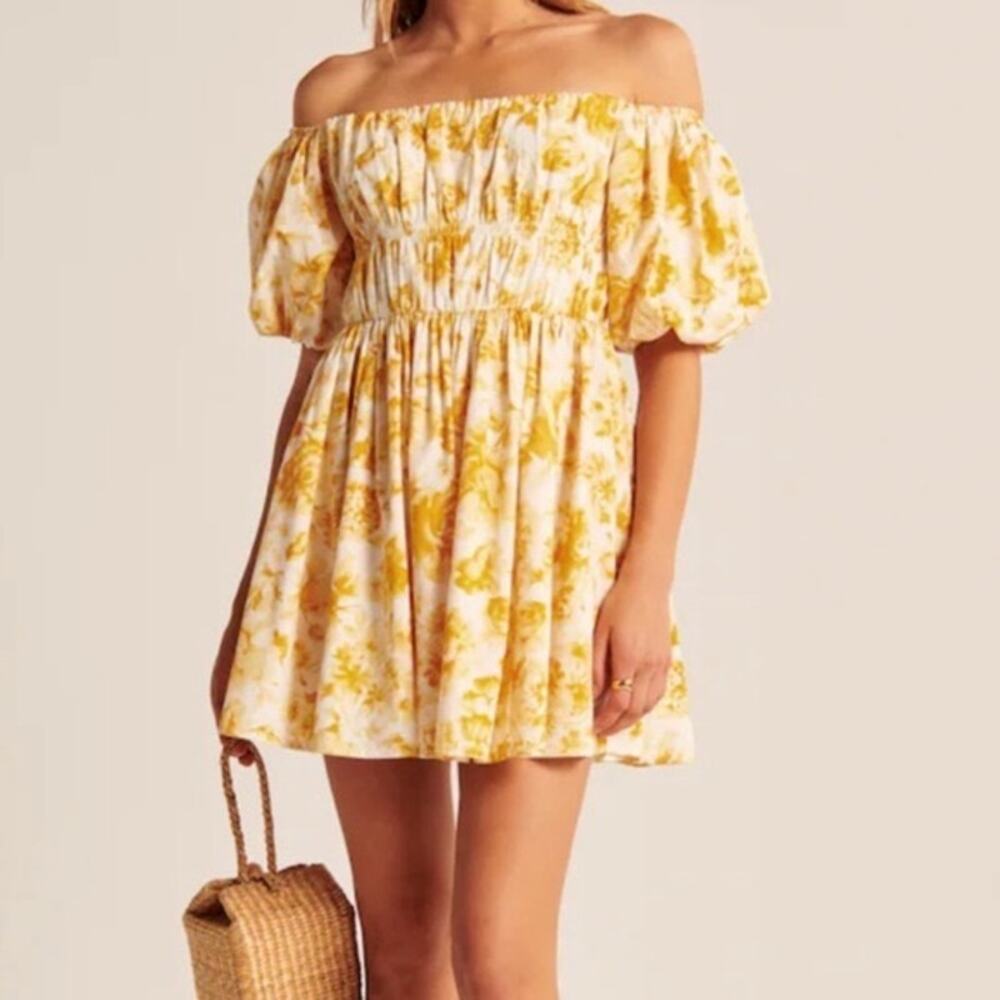 Abercrombie & Fitch Floral Off the Shoulder Puff Sleeve Mini Dress Yellow Small - Picture 2 of 9